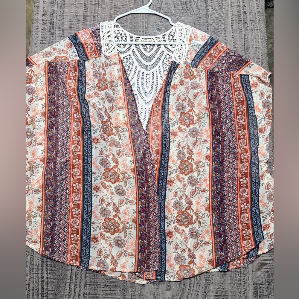 Liberty Love Floral Stripe Boho Kimono in Cream, Rust & Navyp, w Crochet Design